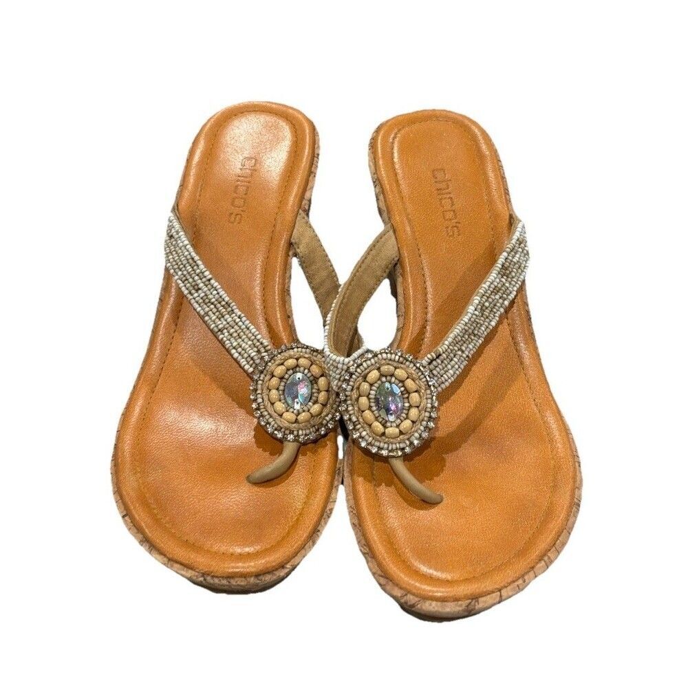 Chico's Shoes. Beaded Thong Wedge Sandals With Cork Sole Size 8